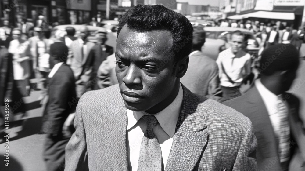 Fototapeta premium A black and white photograph of an wealthy man walking through crowd, blurred motion,