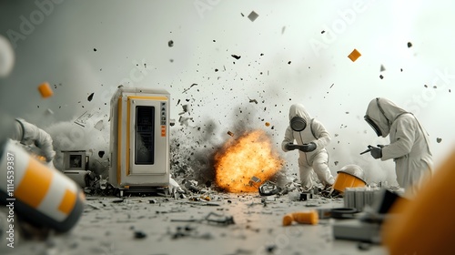 The chaotic aftermath of a cataclysmic explosion in a highly advanced laboratory leaving behind shattered equipment smoldering wreckage and scientists in hazmat suits surveying the devastating scene