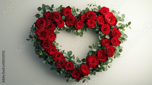 Heart-shaped red rose arrangement with green leaves for romantic floral designs