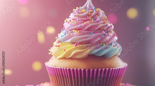 A cupcake tower decorated with colorful frosting and sprinkles.
