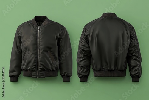 Black bomber jacket template with front and back views, isolated on a green background