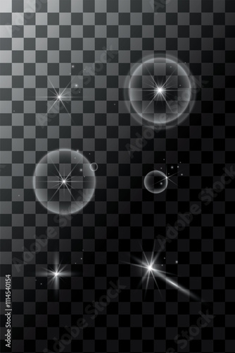 Set of white glowing stars, explosive sunrays shine. Abstract image of light burst and white stars. Vector illustration