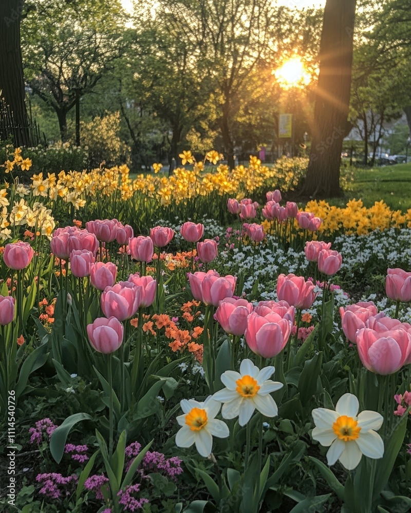 Colorful Tulip and Daffodil Garden at Sunset Colorful Tulip and Daffodil Garden at Sunset