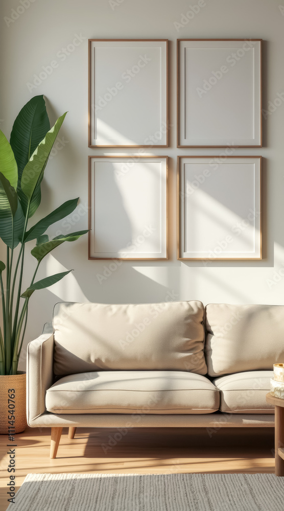 Naklejka premium beige sofa four simple wooden frames a sunlit minimalist living room