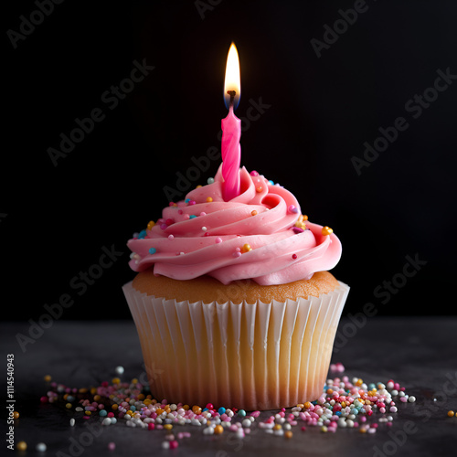  A cupcake with pink icing and a candle on it.