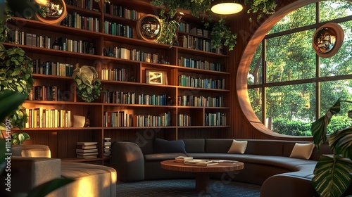 A cozy nook in the cafeteria with bookshelves and comfortable seating for relaxation.