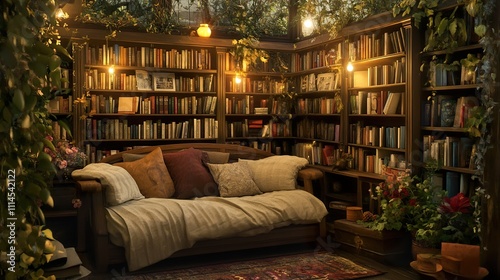 A cozy reading corner adorned with bookshelves, plush seating, and soft lighting