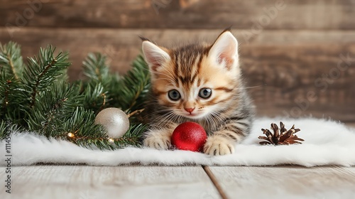 Adorable tabby kitten playing with Christmas ornaments on a white fur blanket. photo