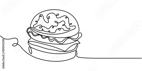 Single line drawing of burger. Fast food hamburger made of one continuous line, vector, Fast Food continuous line drawing with color shapes, burger with continuous one line drawing style. editable. 