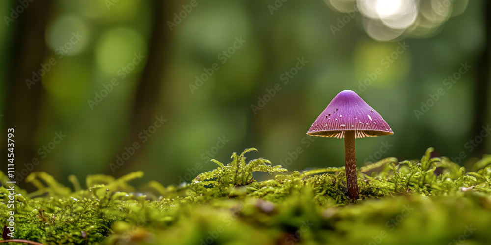Single mushroom on mossy forest floor