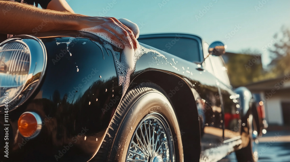 Fototapeta premium A black car is being washed