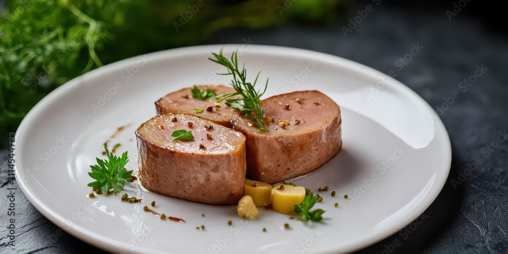 Foie Gras elegantly presented on a white plate, garnished with herbs, stone background, half for text. Foie Gras elegantly presented on a white plate, garnished with herbs, stone background, half for text.