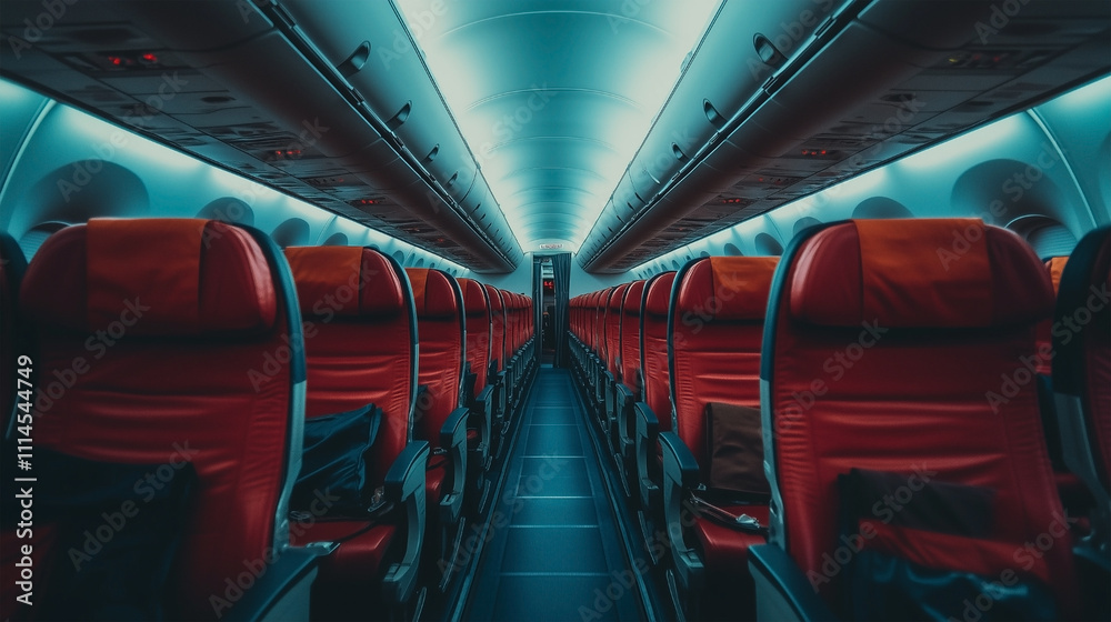 Obraz premium A red airplane with seats and a blue ceiling
