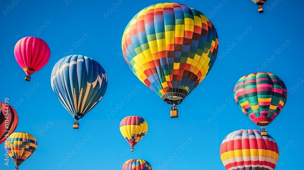 Obraz premium A colorful hot air balloon festival with balloons of various shapes and sizes rising against a clear blue sky.