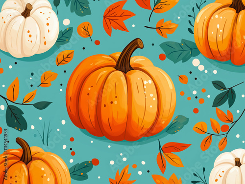 Bright autumn pattern with pumpkins and leaves. Juicy orange pumpkin surrounded by colorful autumn leaves creates a festive atmosphere. Abstract background in pastel colors.