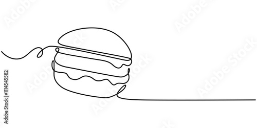 Single line drawing of burger. Fast food hamburger made of one continuous line, vector, Fast Food continuous line drawing with color shapes, burger with continuous one line drawing style. editable. 