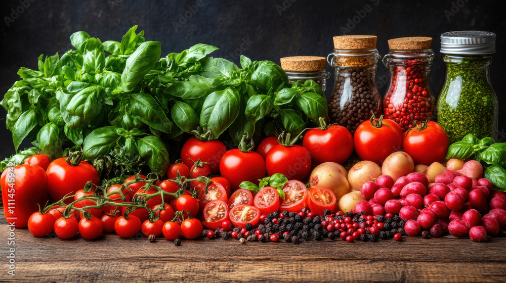 Fresh tomatoes, basil, and various spices arranged beautifully on wooden table create vibrant and inviting scene for cooking enthusiasts Fresh tomatoes, basil, and various spices arranged beautifully on wooden table create vibrant and inviting scene for cooking enthusiasts