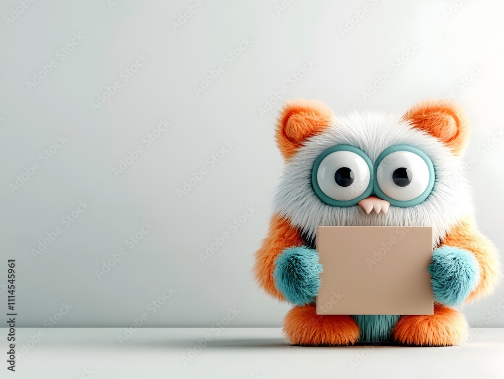 Fototapeta premium Whimsical 3D rendered anthropomorphic creature with expressive features firmly holding an unbranded rectangular cardboard package designed for children