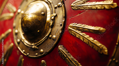 A close-up of a vintage Roman shield with a bright red background and golden details photo