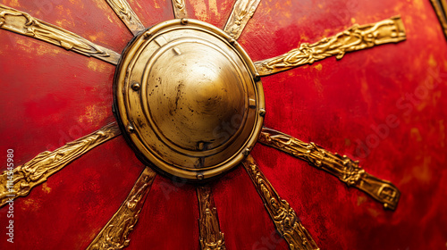 A close-up of a vintage Roman shield with a bright red background and golden details photo