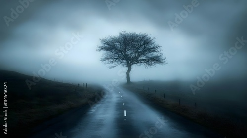 Wallpaper Mural Mysterious pathways enveloped in fog lead to a solitary tree under a moody sky Torontodigital.ca