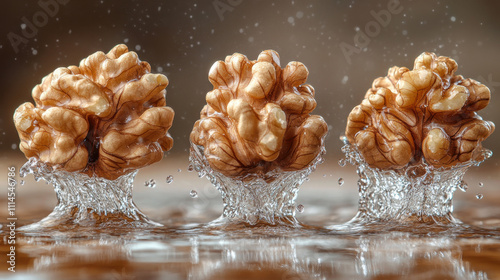 Fresh walnuts splashing in water create dynamic and refreshing scene. rich texture and natural color of nuts contrast beautifully with clear droplets, evoking sense of vitality and health photo