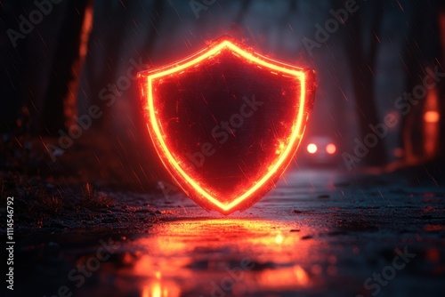 A glowing neon shield icon displayed on a dark background. A sleek and futuristic concept for cybersecurity and protection. Banner with space for text photo