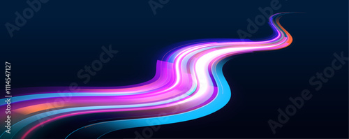 Explore the captivating movement of neon light in this dynamic illustration. The zigzag and arc shapes, enhanced with blue, yellow, and orange hues, create a visually exciting effect. 