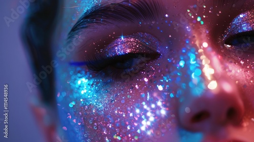A close-up shot of shimmering glitter makeup adorning a flawless face