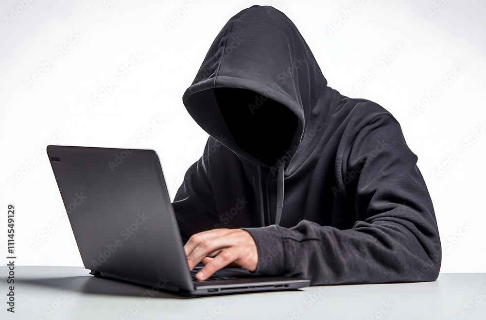 Hacker in hoodie typing on laptop committing cyber crime Hacker in hoodie typing on laptop committing cyber crime