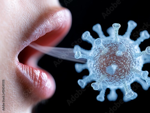 A close up of a person's mouth with a coronavirus coming out of it photo