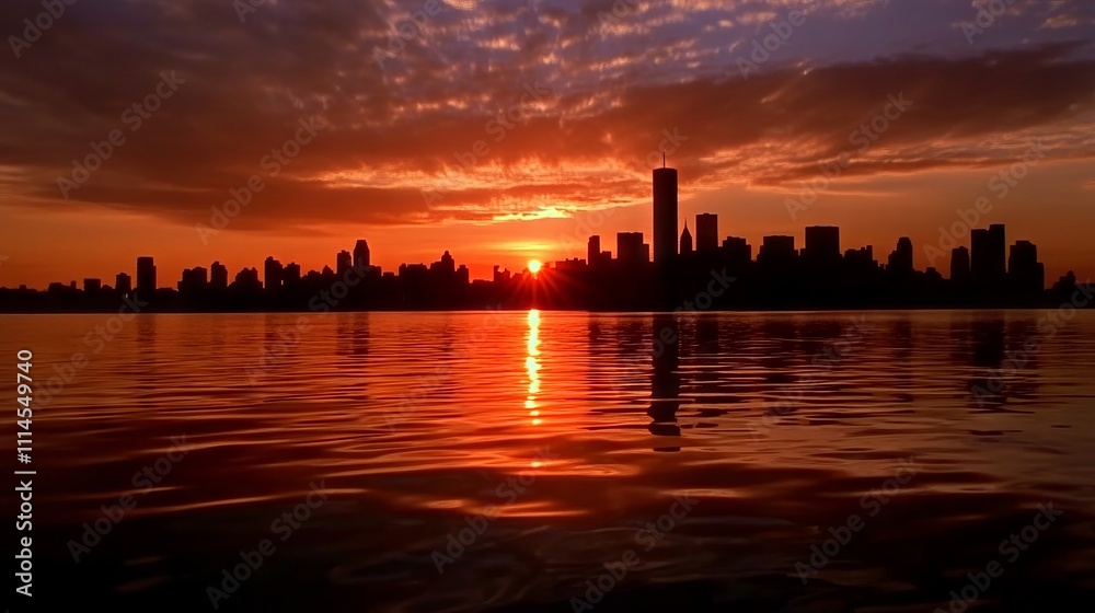 Fototapeta premium A view of a city skyline at sunset from the water