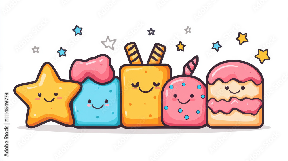 Obraz premium Cute and colorful cartoon sweets including star, ice cream, and cookies, perfect for children designs and playful themes