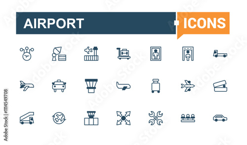 Airport icons in linear style. Contains such icons as travel, aviation, flight, aircraft, air, airline, airplane and more. Minimal linear icons. Outline and solid pictogram.