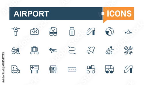 Airport icons in linear style. Contains such icons as travel, aviation, flight, aircraft, air, airline, airplane and more. Minimal linear icons. Outline and solid pictogram.