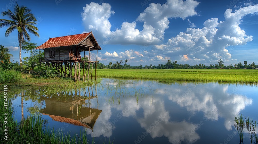 Obraz premium Stilt House Reflects in Peaceful Rice Paddy Water
