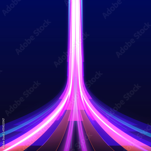 Blurry neon light motion on a speedway with laser beams, glowing red and blue lines, and sparkling dust particles creates a sense of movement and excitement, ideal for futuristic or tech-themed design