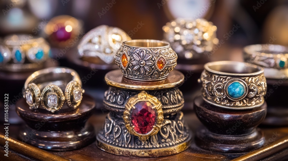 Fototapeta premium Ornate gemstone rings displayed on stands.