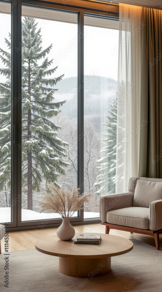Fototapeta premium serene winter living room with mountain view