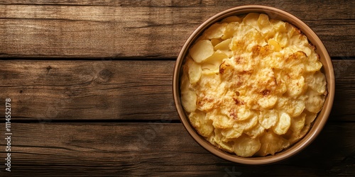 Creamy and golden gratin dauphinois in a baking dish on a wooden surface, top view, text area. photo