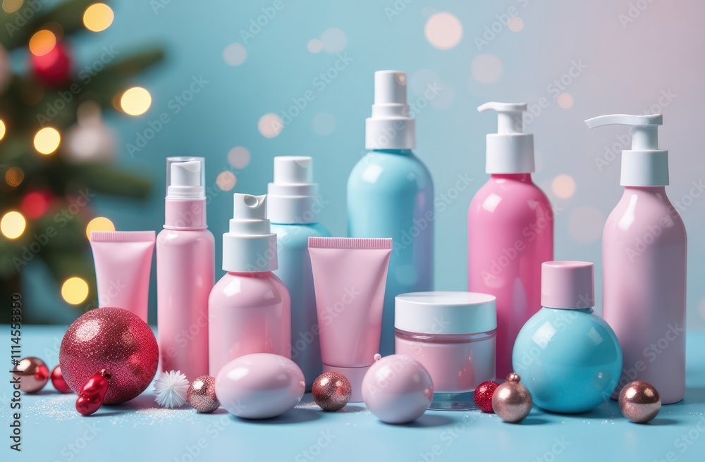 pink and white beauty products on blue surface, luxurious skincare collection concept of beauty salon, spa, cosmetic store pink and white beauty products on blue surface, luxurious skincare collection concept of beauty salon, spa, cosmetic store