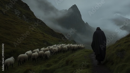 Silhouetted shepherd guiding a flock of sheep through misty mountains.