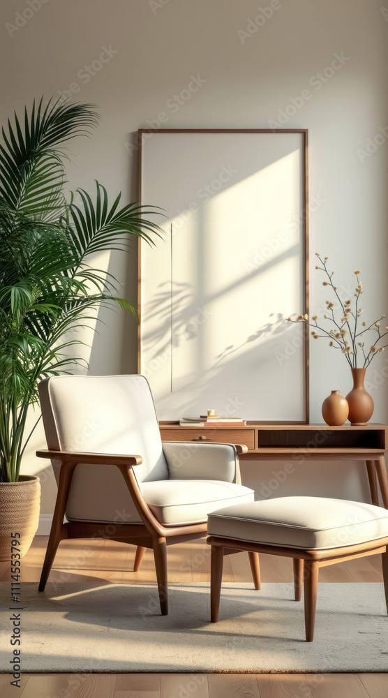 Fototapeta premium mid-century modern chair ottoman sunlit room