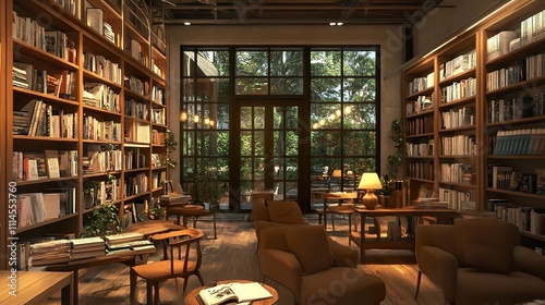 A charming bookstore with wooden shelves filled with books, cozy reading corners, and warm lighting.
