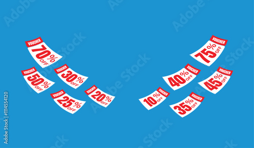 Flying red voucher with blue background, vouchers, exchange. Discount, profitable purchases, Offers, Special premium price offers sale coupon. Vouchers vector illustration.