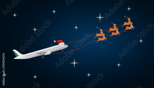 Flying Christmas airplane in a reindeer harness. Humorous illustration on the theme of Christmas vacation. Vector