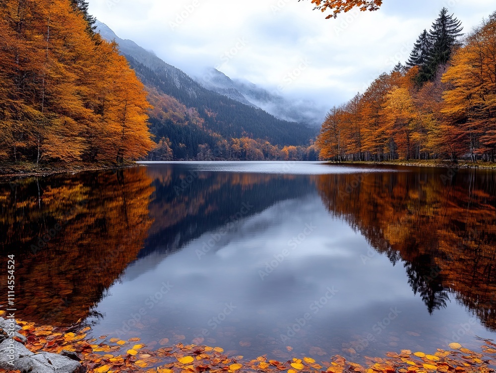 Obraz premium A lake surrounded by trees in the middle of a forest