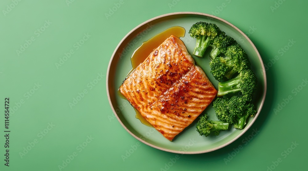 A healthy meal featuring glazed grilled salmon and steamed broccoli on a green background. A healthy meal featuring glazed grilled salmon and steamed broccoli on a green background.