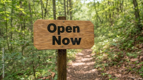 Open now concepts. Wooden sign in a forest path indicating that the trail is open for visitors.