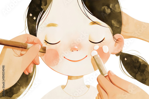 Charming illustration of a smiling child receiving a gentle makeup touch-up